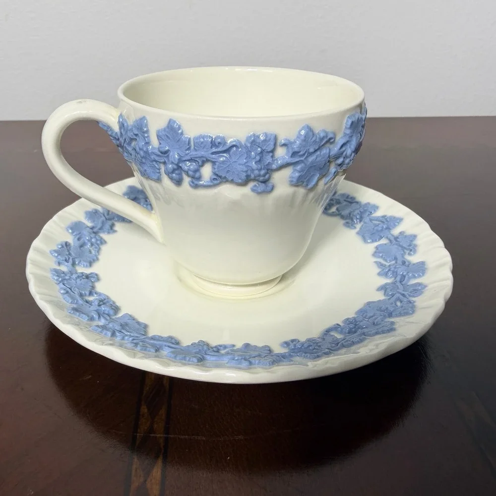 Vintage Wedgwood Queensware Blue Grapevine Tea Cup Saucer Grandmillennial Decor
